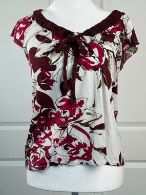 ANTHROPOLOGIE Left Of Center Flutter Sleeve V-Neck Floral Top with Tie Detail, M